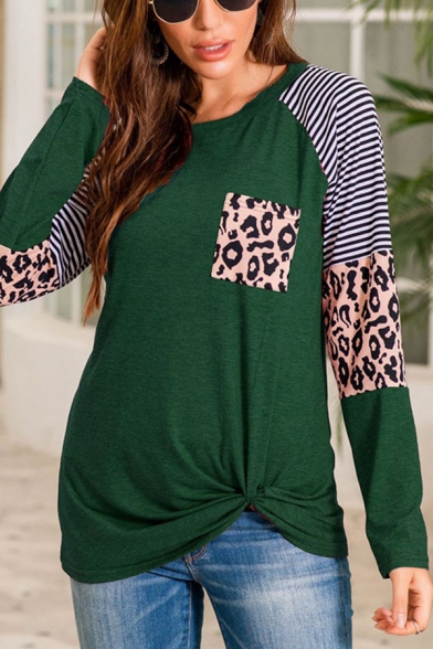 Trendy Womens Stripe Leopard Printed Long Sleeve Crew Neck Twist Hem Relaxed Tee Top