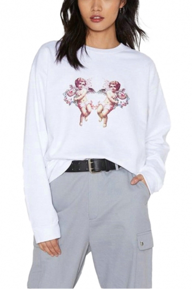Angel Printed Long Sleeve Crew Neck Loose Fit Fashion Pullover Sweatshirt in White