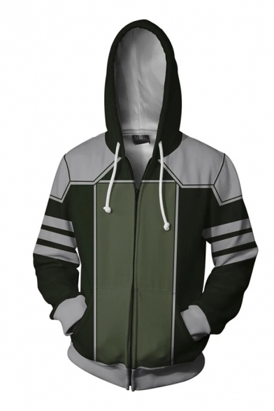 Casual Army Green Contrasted Geo Pattern Long Sleeve Drawstring Zip Up Relaxed Hoodie for Men
