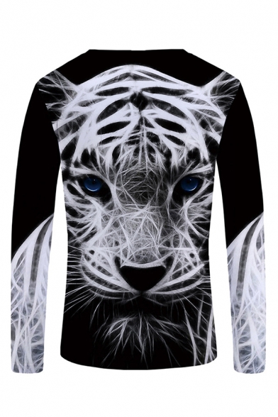 Classic Mens 3D Tee Top Abstract Tiger Printed Long Sleeve Round Neck Slim Fitted Tee Top