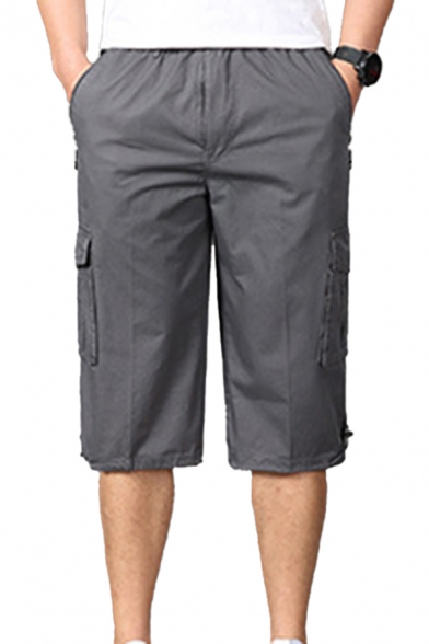 Cool Shorts Solid Color Flap Pocket Drawstring Zipper Applique Elastic Mid Rise Regular Fit Shorts for Men