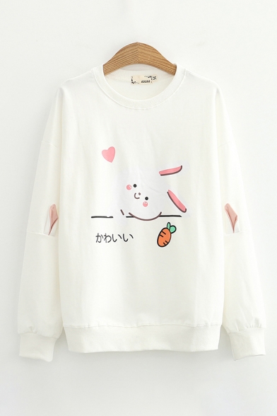 Cute Girls Japanese Letter Rabbit Graphic Long Sleeve Crew Neck Loose Fit Pullover Sweatshirt