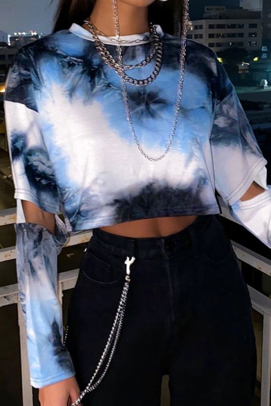 Edgy Girls Tie Dye Printed Cut out Long Sleeve Crew Neck Relaxed Crop Tee Top in Blue