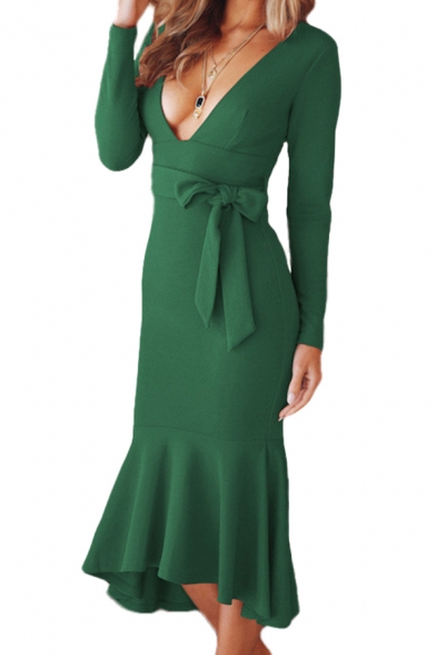 Elegant Womens Solid Color Long Sleeve Plunging Neck Bow Tie Ruffled Mid Fishtail Cocktail Dress
