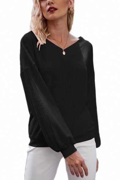 Fashion Womens Solid Color Long Sleeve V-neck Relaxed Fit Waffle T Shirt