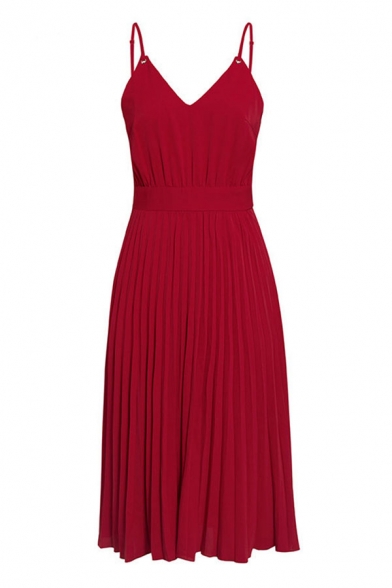 Gorgeous Ladies Solid Color Spaghtti Straps Mid Pleated A-line Cami Dress