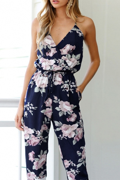 Holiday V Neck Spaghetti Straps Sleeveless Floral Printed Wide Leg Jumpsuit