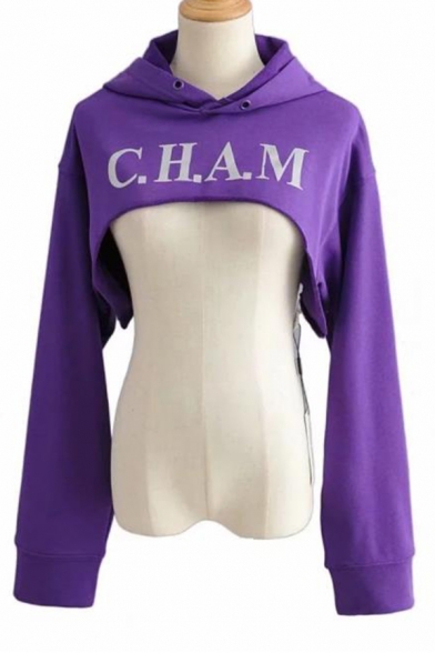 

Ladies Stylish CUTE Letter Printed Long Sleeve Cut Out Front Purple Loose Cropped Hoodie, LM566448