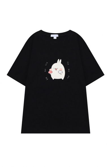 Leisure Cartoon Bunny Print Short Sleeve Crew Neck Relaxed Fit Tee Top for Girls