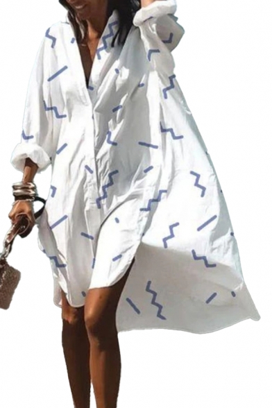 Leisure Pattern Printed Slit Side Button Down V Neck Long Sleeve Midi Plus Sized Shirt Dress for Womens