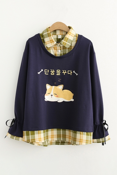Lovely Ladies Korean Letter Dog Graphic Plaid Printed Fake Two Piece Long Sleeve Relaxed Pullover Sweatshirt