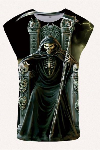 Mens Casual 3D Tank Top Skull Sickle Throne Pattern Round Neck Sleeveless Regular Fitted Tank Top