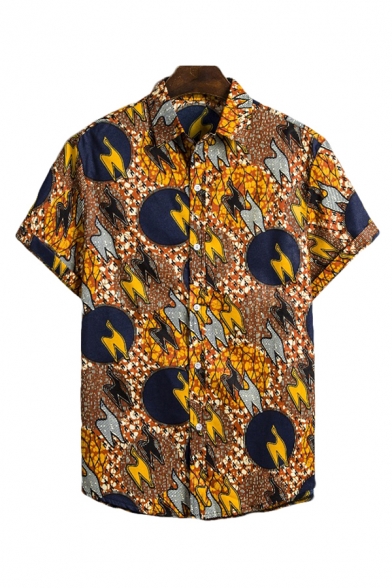 Mens Shirt Stylish Circle Abstract Animal Pattern Spread Collar Button-down Regular Fit Short Sleeve Shirt