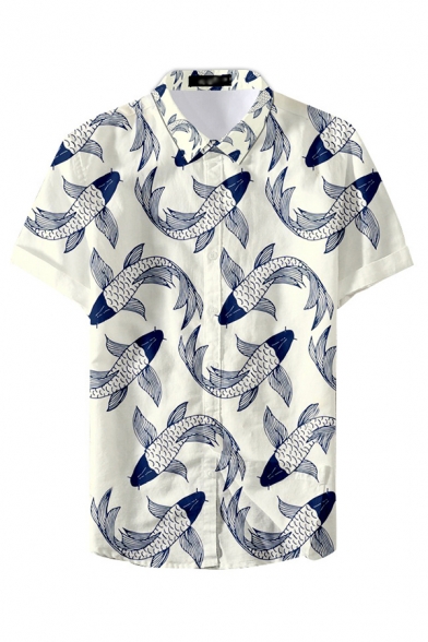 Mens Shirt Trendy All-over Fish Printed Spread Collar Button-down Regular Fit Short Sleeve Shirt