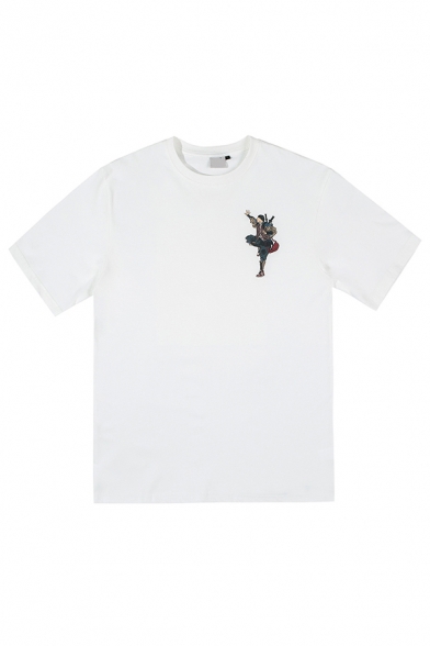 Mens Unique Cartoon T-Shirt Figure Samurai Ninja Pattern Short-sleeved Crew Neck Oversized Tee Top