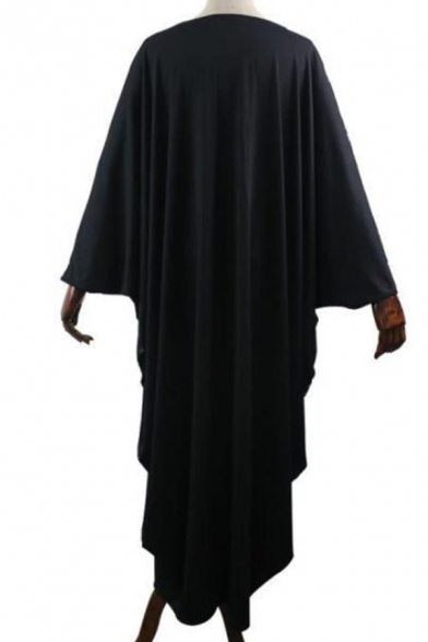 Moslem Fashion Round Neck Batwing Sleeve Leopard Panelled Knit Shift Asymmetrical Maxi Dress