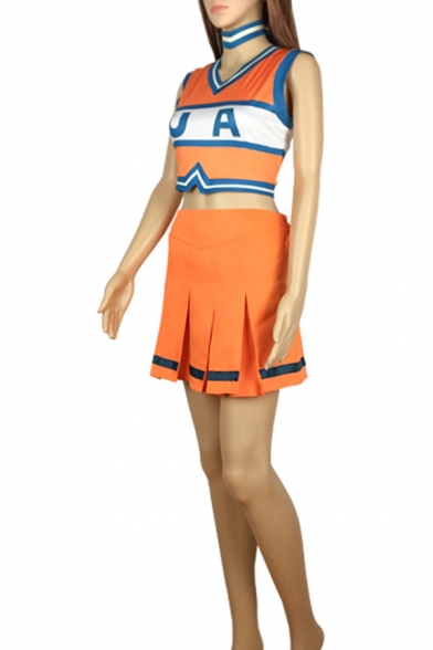 Popular Color Block Asymmetric Hem V Neck Sleeveless Slim Crop Tank Top & Elastic Waist Mini A-Line Pleated Skirt Set in Orange