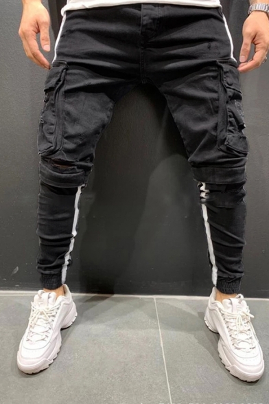 Popular Cool Boys Mid Rise Flap Pockets Ripped Striped Cuffed Relaxed Jeans (Pictures for Reference)