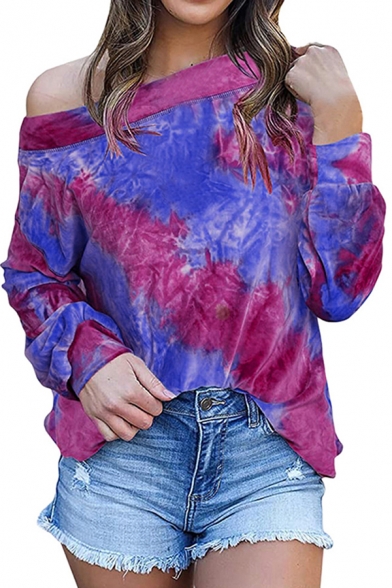Popular Womens Tie Dye Printed Long Sleeve Drop Shoulder Loose Fit Pullover Sweatshirt