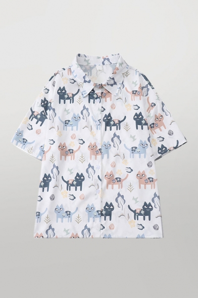 

Preppy Girls Cartoon Colorful Cat Printed Button Up Turn Down Collar Short Sleeve Relaxed Shirt in White, LM659051