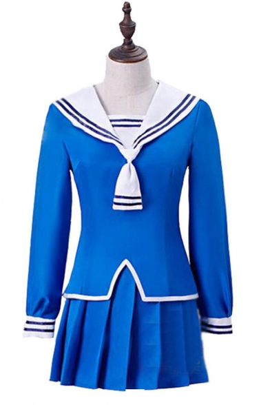 Preppy Looks Stripe Printed Short Sleeve Sailor Collar Slit Fit Tee & Mini A-line Pleated Skirt Set