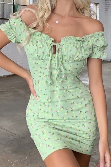 Pretty Ditsy Floral Printed Short Sleeve Off the Shoulder Tied Pintuck Mini Sheath Dress in Green