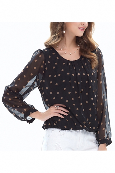 Pretty Polka Dot Printed Sheer Chiffon Long Sleeve Round Neck Ruched Relaxed Fit T-shirt in Black
