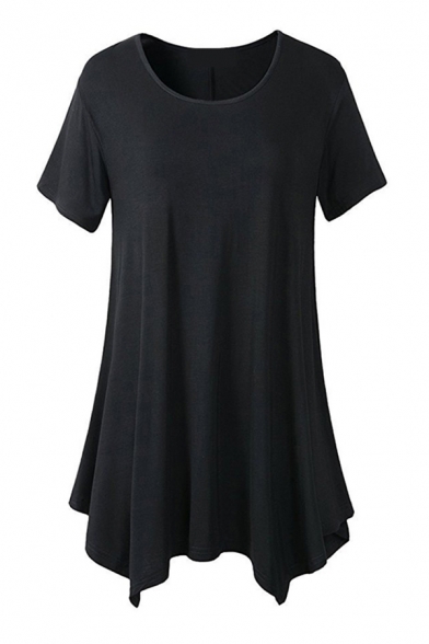 Simple Plian Asymmetric Short Sleeve Crew Neck Oversized Tunic T-Shirt for Womens