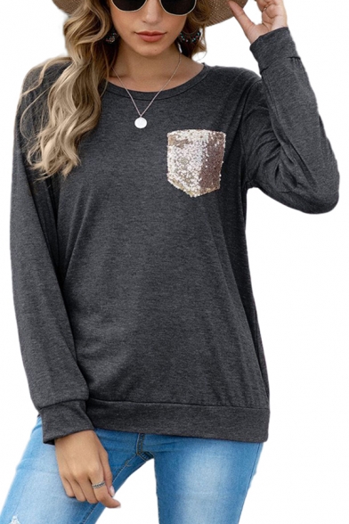 Sparkly Womens Sequin Embellished Chest Pocket Crew Neck Long Sleeve Relaxed Tee Top