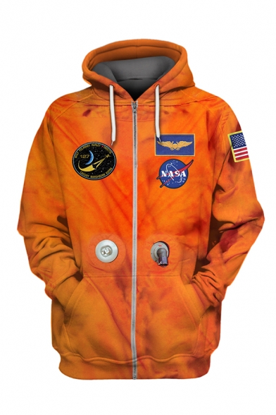 Trendy Astronaut NASA Logo Printed Long Sleeve Zip Up Orange Hoodie ...