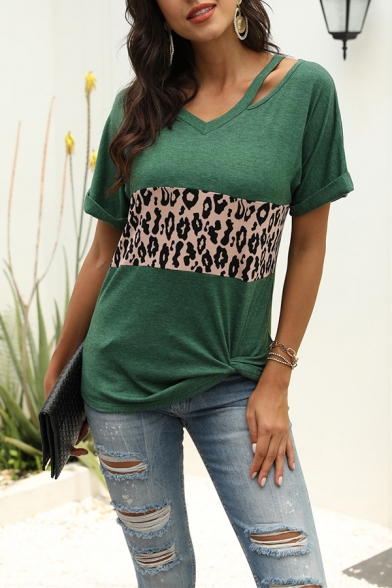 Trendy Leopard Print Patchwork Curved Hem Roll Up Short Sleeve V-Neck Regular Fit Tee for Women