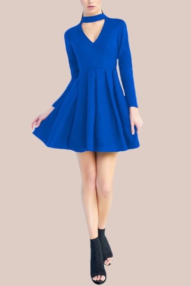 Trendy Plain Long Sleeve V-cutout Short Pleated Flared Dress