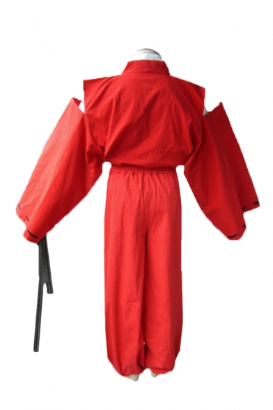 Trendy Solid Color Cut Out Long Sleeve Surplice Neck Loose Kimono & Long Baggy Pants Red Set
