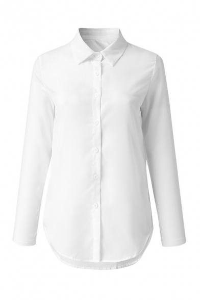 Basic Ladies Chiffon Plain Roll up Sleeve Spread Collar Button-up Loose Fit Shirt Top