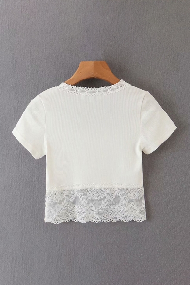 Chic Girls Solid Color Lace Trimmed Short Sleeve Square Neck Knit Fit Crop T Shirt in White