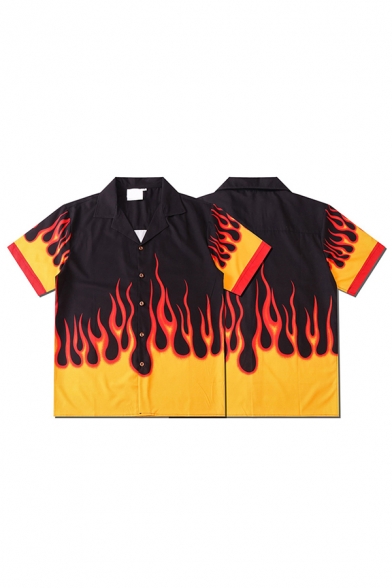 Chic Mens Shirt Fire Pattern Contrast Trim Button up Short Sleeve Oversized Notch Collar Shirt