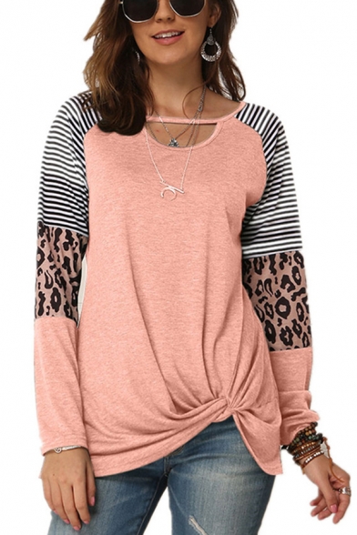 Classic Striped Leopard Pattern Twist Long Sleeve Cutout Round Neck Loose T Shirt