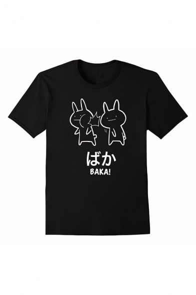 Cool Mens Japanese Letter Rabbit Graphic Short Sleeve Crew Neck Regular Fit T Shirt