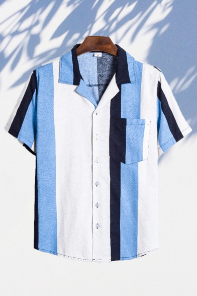 Cool Mens Shirt Color Block Striped Pattern Notch Collar Short Sleeve Regular Fitted Cotton and Linen Shirt