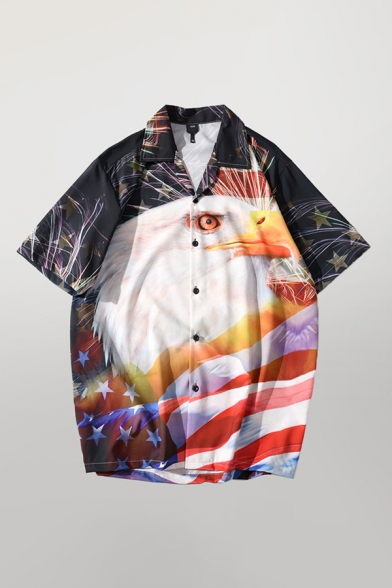 Cozy Shirt Animal Eagle American Flag Lines Pattern Button up Short Sleeve Notch Collar Baggy Shirt for Men