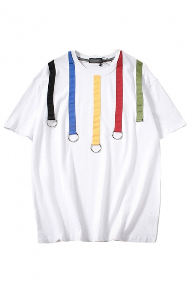Creative T-Shirt Applique Ring Coloured Striped Printed Relaxed Fit Short Sleeve Crew Neck T-Shirt for Men