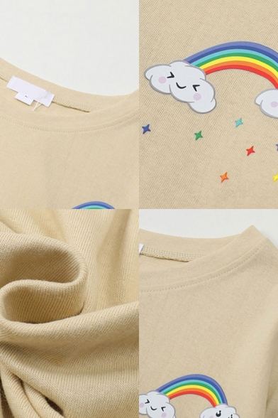 Cute Girls Cartoon Rainbow Cloud Star Printed Crew Neck Short Sleeve Plus Sized Top Tee