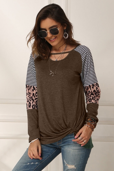 Floral Find Women's Long Sleeve Leopard Color Block Tunic Comfy Stripe Round Neck T Shirt Tops