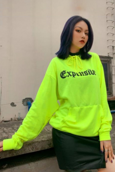 Fancy Letter Printed Long Sleeve Fluorescent Green Loose Longline Drawstring Hoodie with Pocket