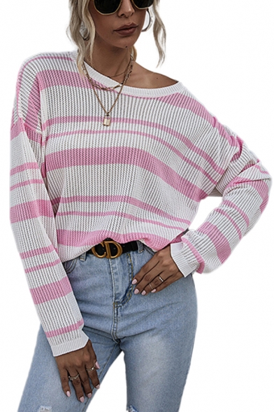 Fashion Womens Stripe Color Block Crew Neck Long Sleeve Oversized Pullover Sweater Knitwear Top in Pink