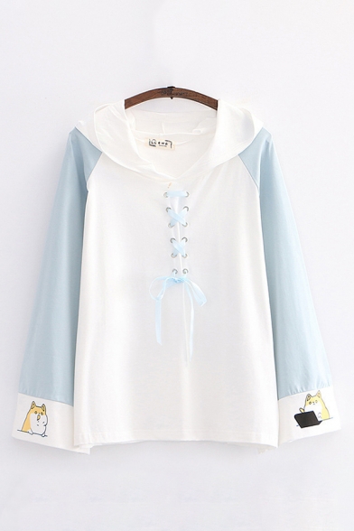 Harajuku Dog Printed Contrasted Long Sleeve Hooded Lace-up Loose Fit Tee Top