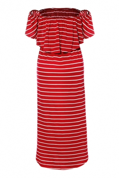Leisure Womens Stripe Printed Off the Shoulder Twist Hem Slit Side Long Shift Dress