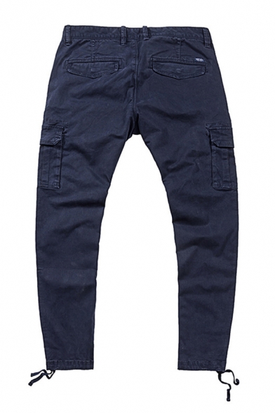 Mens Cargo Pants Basic Ribbon Detail Flap Pockets Drawstring Regular Fitted Long Straight Cargo Pants