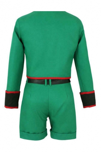 Mens Cosplay Contrasted Long Sleeve Stand Collar Zip Up Fit Crop Jacket & Rolled Edges Shorts Set in Green