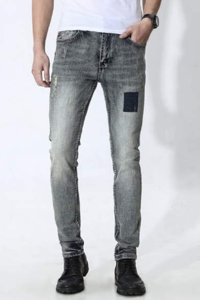 Mens Jeans Fashionable Medium Wash Distressed Patchwork Zipper Fly Slim Fit Full Length Tapered Jeans